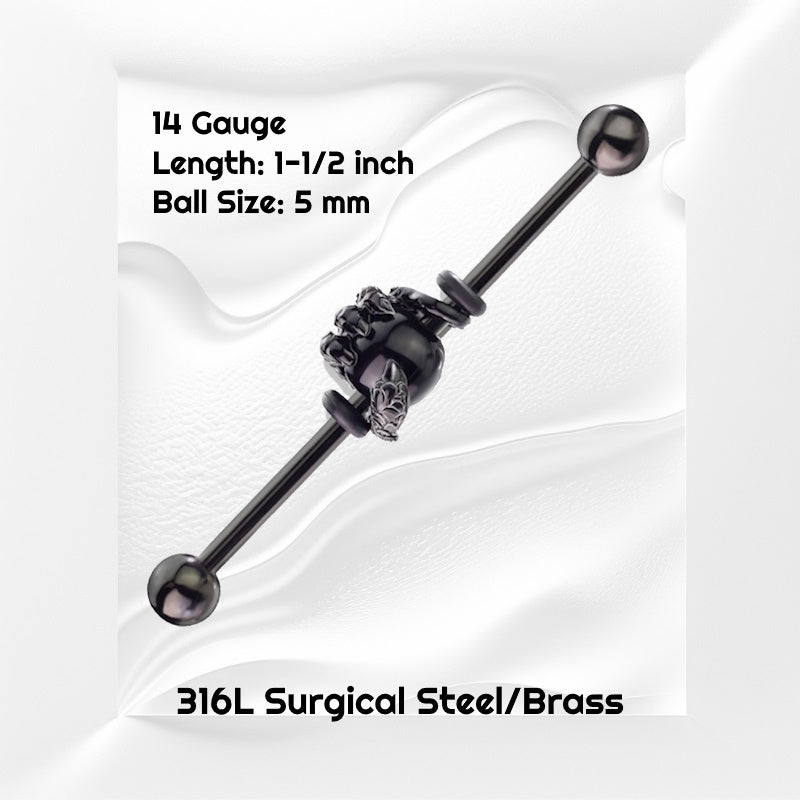 A 14 gauge dragon claw earring pictured against a white wavy background with black text stating the size available of this industrial barbell.