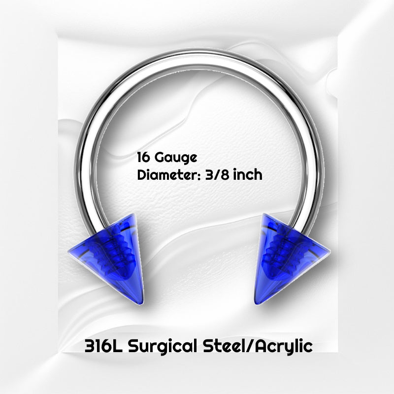 A 16 gauge blue spike earring pictured against a white wavy background with black text stating the size of this earring.