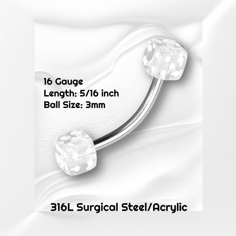 A 16 gauge clear dice earring pictured on a white wavy background with black text stating the sizes of this earring.