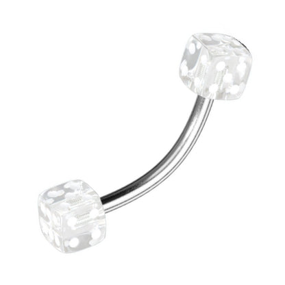 A 16 gauge clear dice earring pictured against a white background.