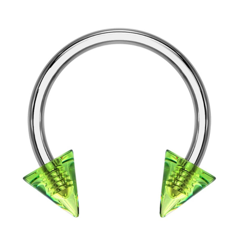 A green acrylic spike earring with green spikes on each end of a surgical steel circular barbell pictured against a white background.