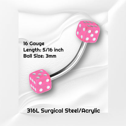 A 16 gauge pink dice earring pictured on a white wavy background with black text stating the sizes of this earring.