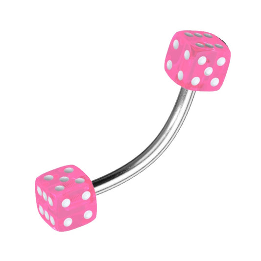 A 16 gauge pink dice earring pictured against a white background.