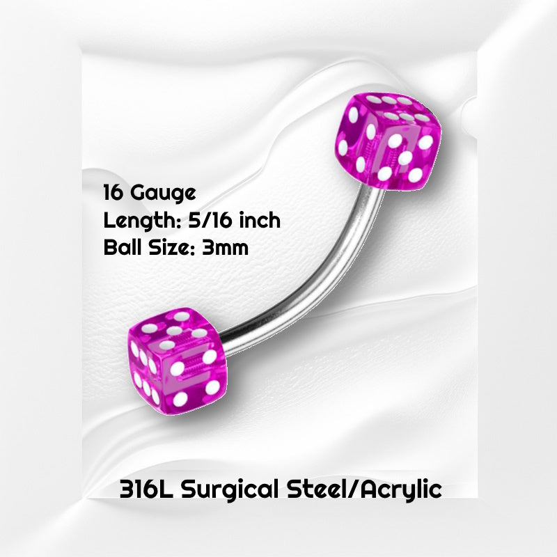 A 16 gauge purple dice earring pictured against a white wavy background with black text stating the size of this earring.