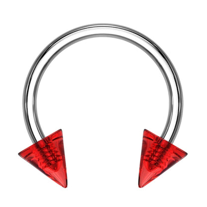 A 16 gauge red spike earring pictured against a white background. 