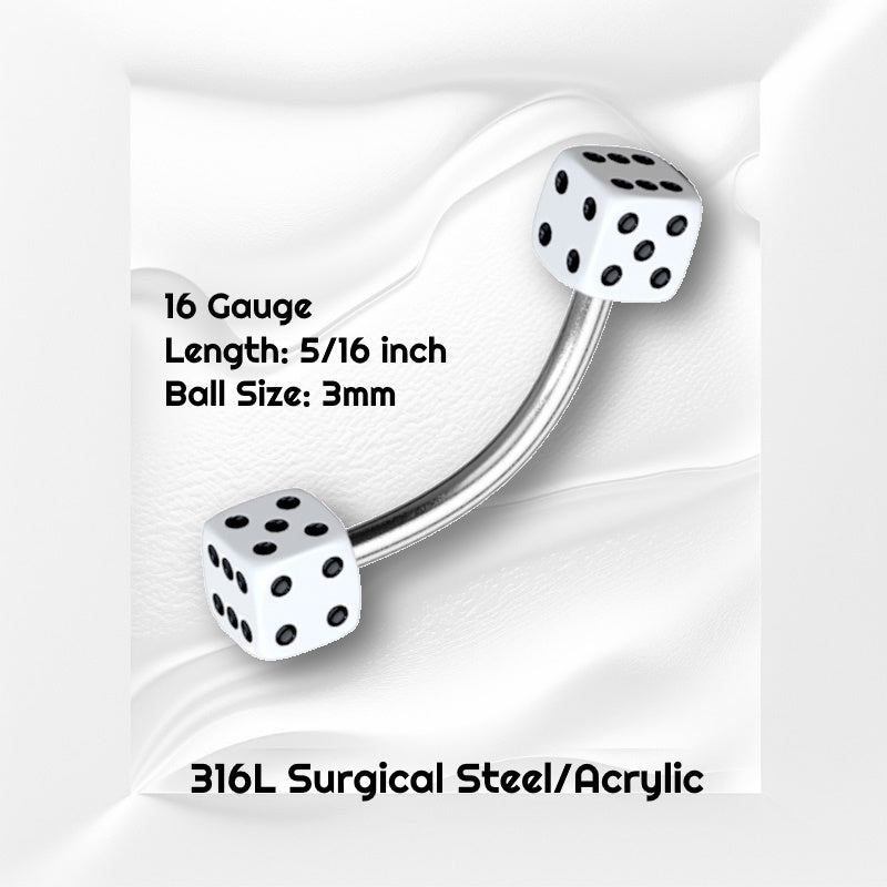 A 16 gauge white dice earring pictured on a white wavy background with black text stating the size of this curved barbell.