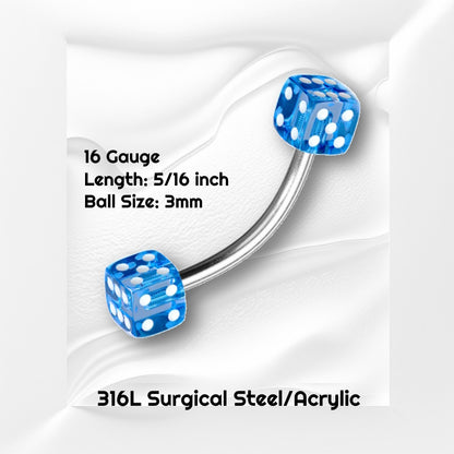 A 16g blue dice earring pictured on a white wavy background with black text stating the size of this earring.