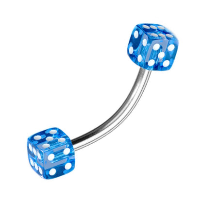 A 16g blue dice earring pictured against a white background.