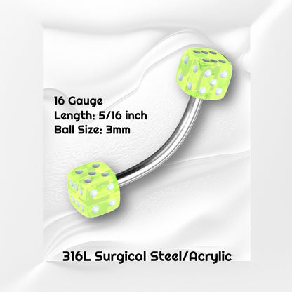 A 16g green dice earring pictured on a white wavy background with black text stating the sizes of this earring.