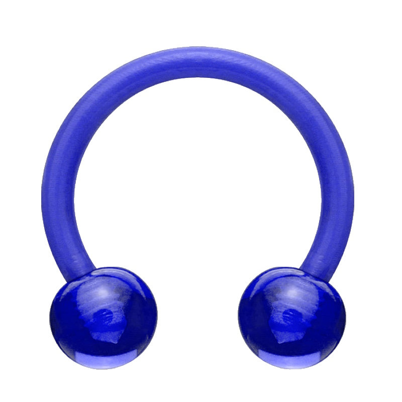 An acrylic horseshoe blue earring with a ball on each end pictured against a white background.