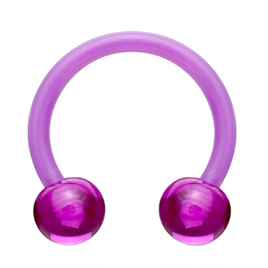 An acrylic horseshoe purple earring with a ball on each end pictured against a white background.