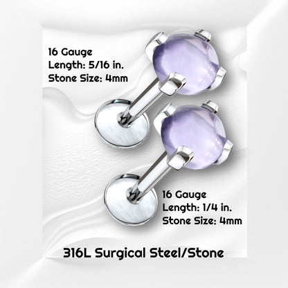 2 lengths of an amethyst stone labret earring pictured on a white wavy background with black text stating the sizes available of this labret earring.