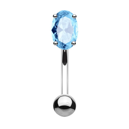 An aqua cubic zirconia rook piercing earring pictured against a white background.