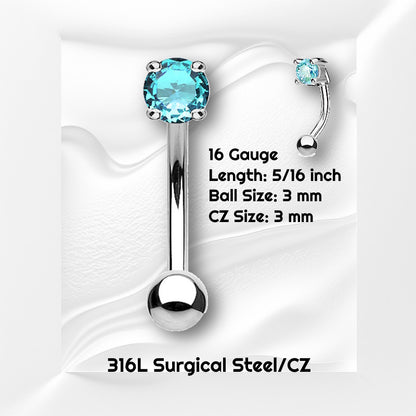 An aqua CZ rook piercing barbell pictured against a white wavy background with black text stating the size of this earring.