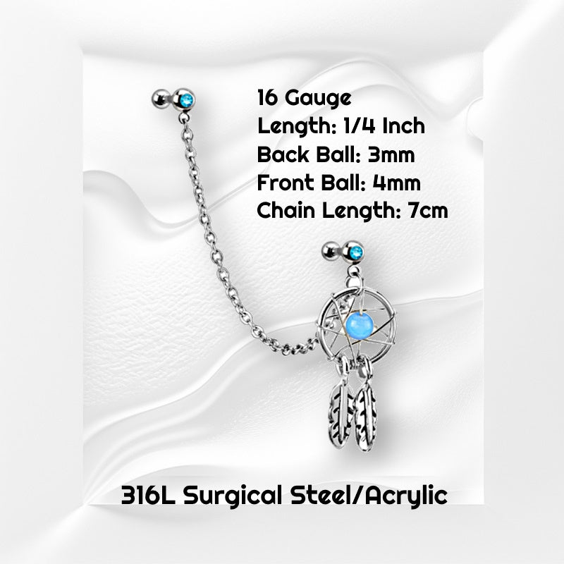 An aqua gem dream catcher earring with aqua gems, a bead, two cartilage barbells, a chain, and a dream catcher pictured against white wavy background with black text stating the size available of this cartilage earring.