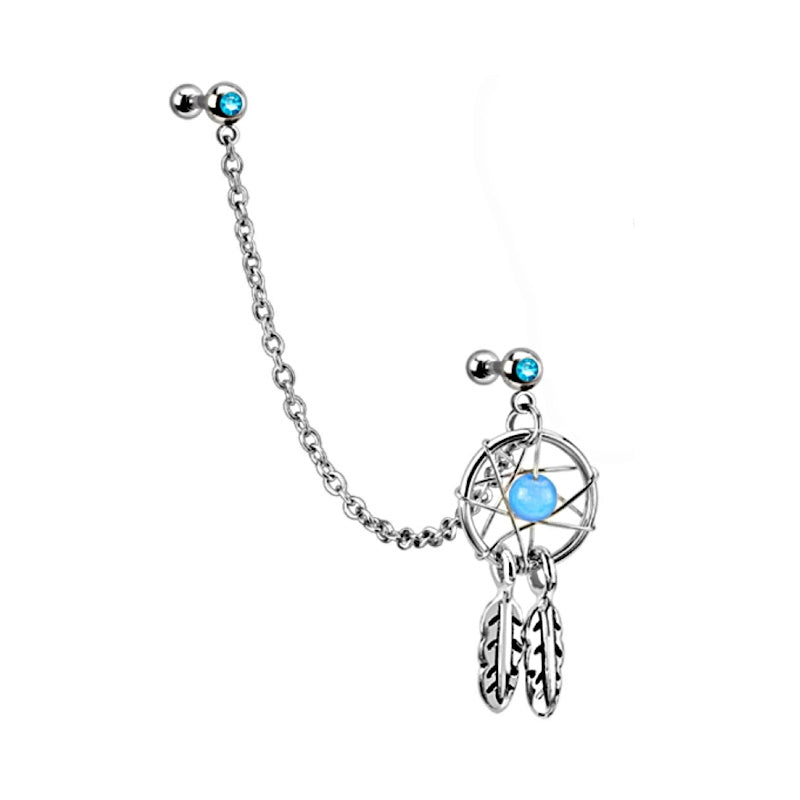 An aqua gem dream catcher earring with aqua gems, a bead, two cartilage barbells, a chain, and a dream catcher pictured against a white background.