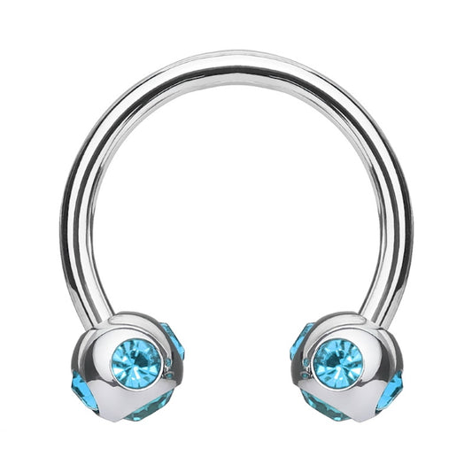 An aqua gem horseshoe earring featuring 5 aqua gems in each ball pictured against a white background.