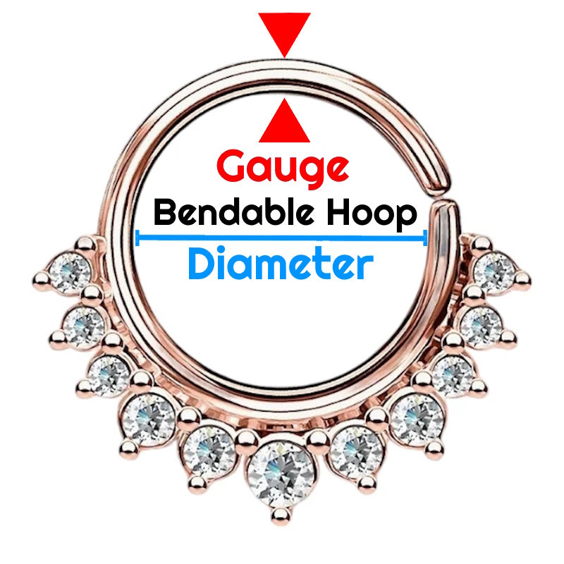 A diagram showing the dimensions of a bendable hoop earring including the diameter and the gauge of the piece.