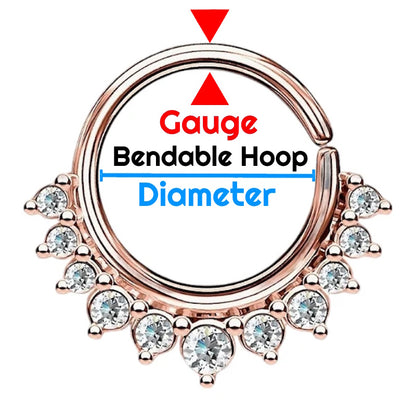 A diagram showing the dimensions of a bendable hoop earring including the diameter and the gauge of the piece.