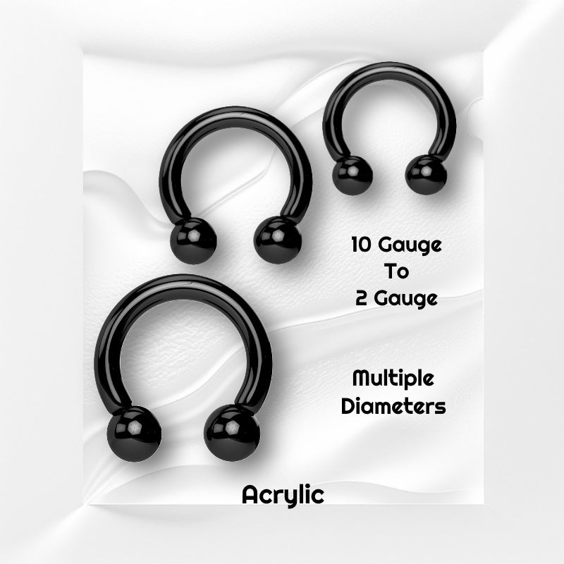 Three sizes of a black circular barbell earring pictured on a white wavy background with black text stating the sizes of this earring.