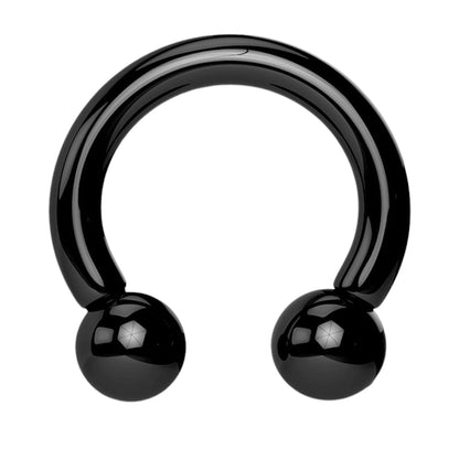 A black circular barbell earring with a ball on each end pictured against a white background.