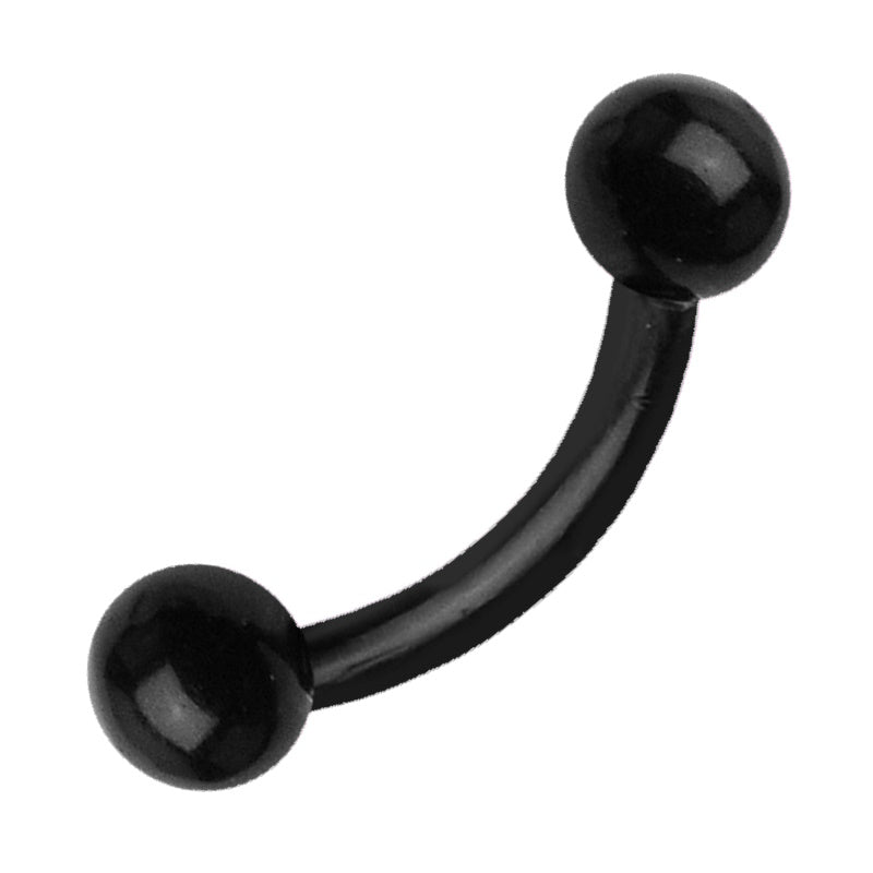 A black curved barbell earring featuring an externally threaded curved bar with a ball on each end pictured against a white background.