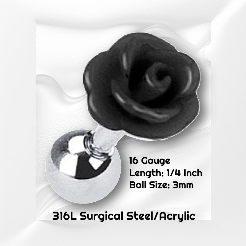 A black rose cartilage earring pictured on a white wavy background with black text stating the size available of this cartilage earring.