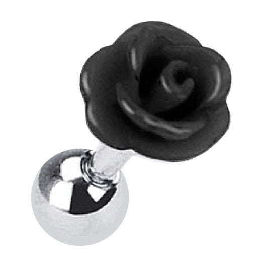 A black rose cartilage earring pictured diagonally against a white background.