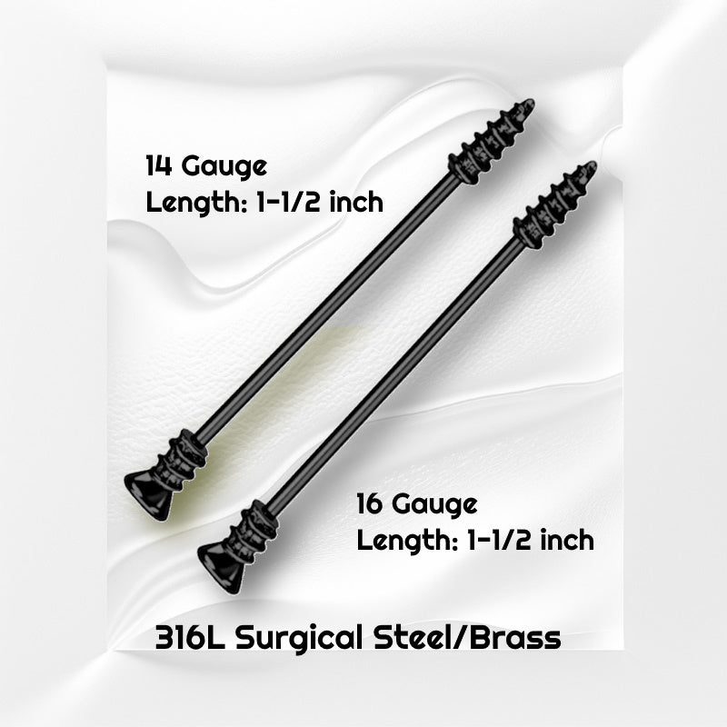 A black screw industrial piercing bar pictured on a white wavy background with black text stating the sizes available of this industrial barbell.