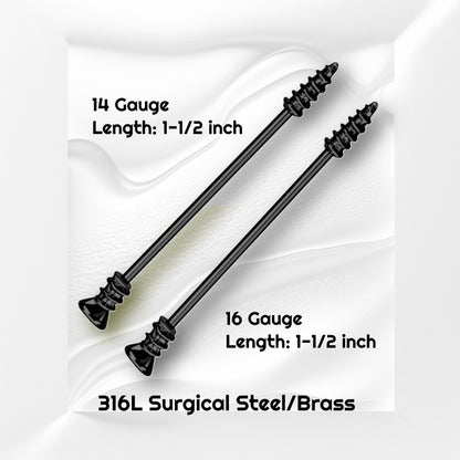 A black screw industrial piercing bar pictured on a white wavy background with black text stating the sizes available of this industrial barbell.