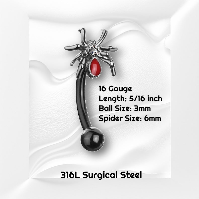 A black surgical steel spider earring pictured against a white wavy background with black text stating the size of this earring.