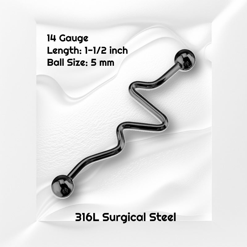 A black zig zag industrial bar pictured on a white wavy background with black text stating the size available of this industrial barbell.