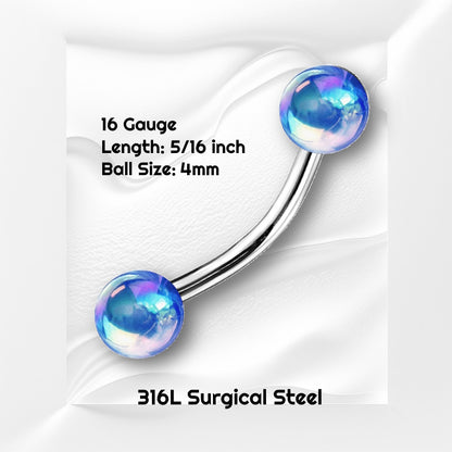 A blue balls curved barbell earring with blue metallic balls pictured on a white wavy background with black text stating the sizes available of this earring.