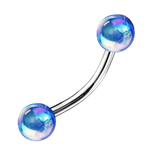 A blue balls curved barbell earring with blue metallic balls pictured against a white background.