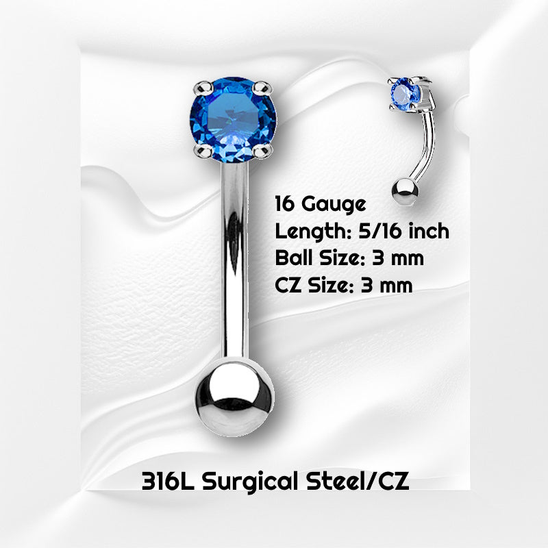 A blue CZ rook piercing barbell pictured against a white wavy background with black text stating the size of this earring.