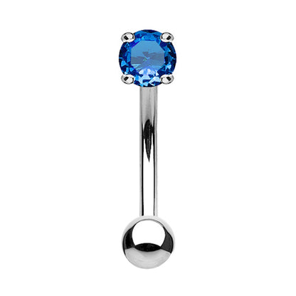 A blue CZ rook piercing barbell pictured against a white background.