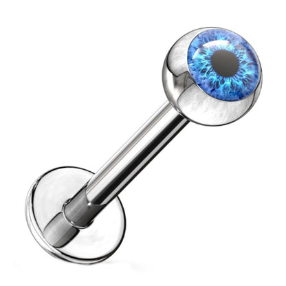 A blue eyeball 16g labret pictured diagonally against a white background.