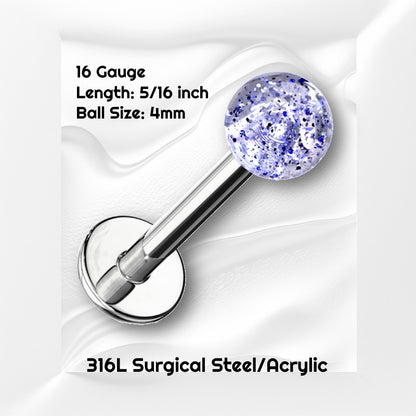 A blue glitter labret earring pictured against a white wavy background with black text stating the size available of this labret earring.