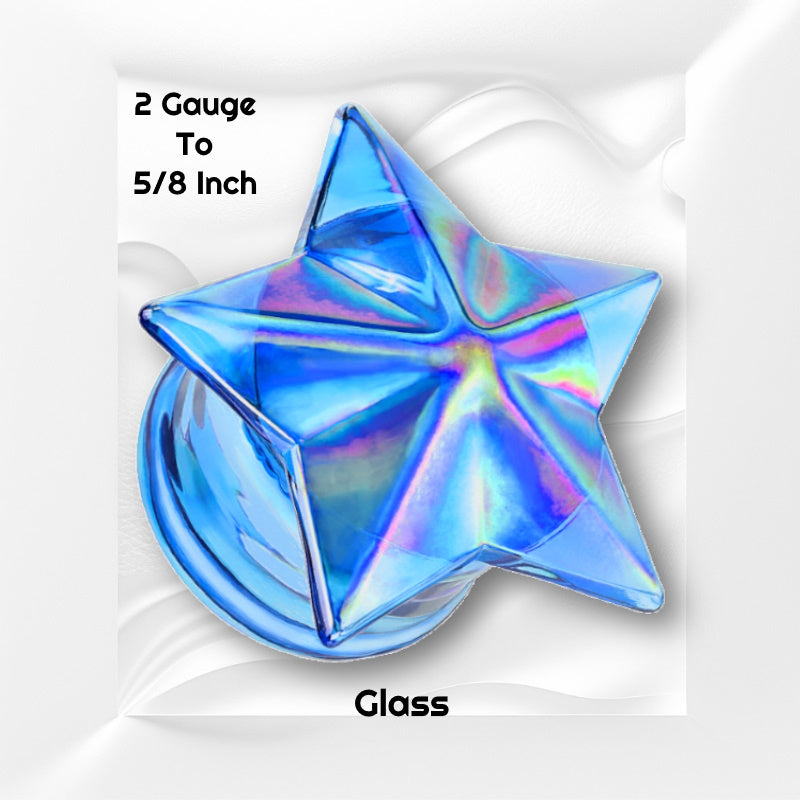 One of a pair of blue iridescent star gauges pictured on a white wavy background with black text stating the sizes available of this gauge earring.