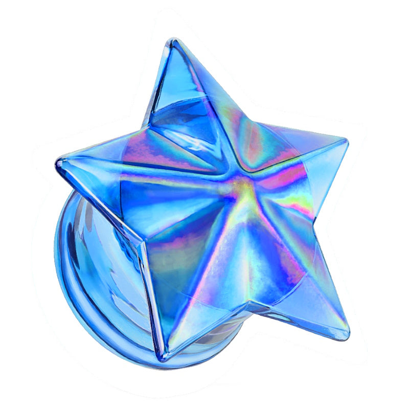 One of a pair of blue iridescent star gauges with an aurora borealis finish pictured against a white background.