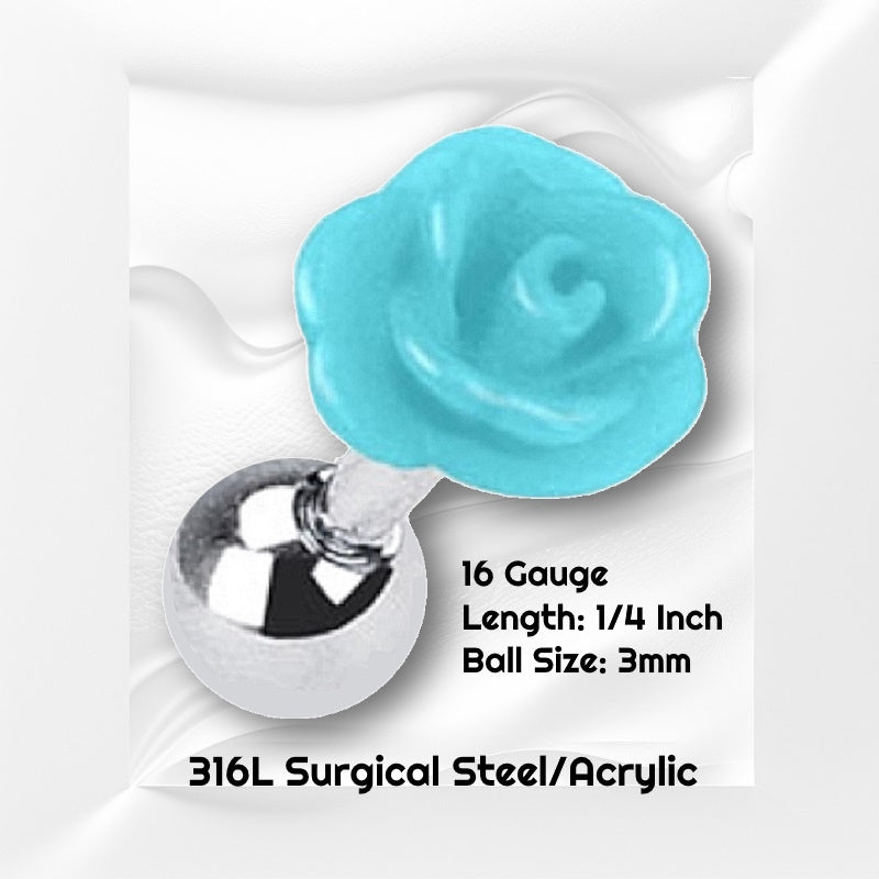 A blue rose cartilage earring pictured on a white wavy background with black text stating the size available of this cartilage earring.