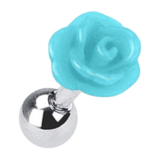 A blue rose cartilage earring pictured diagonally against a white background.