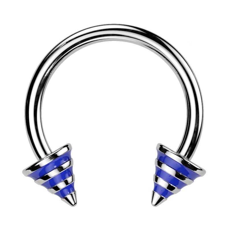 A blue stripe horseshoe barbell featuring spikes with blue stripes on the ends of the circular barbell pictured against a white background.