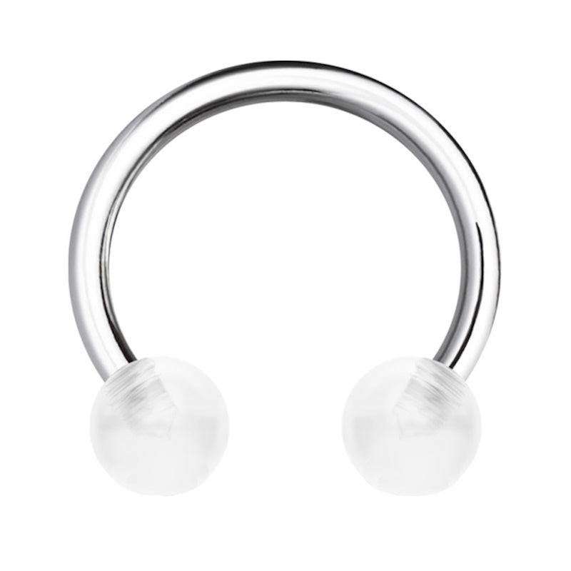 A clear balls 16 gauge earring pictured against a white background.