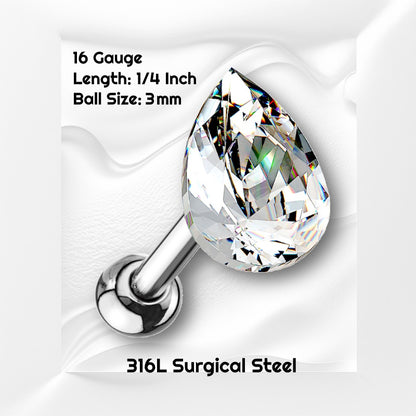 A clear crystal teardrop earring pictured against a white wavy background with black text stating the size available of this cartilage earring.