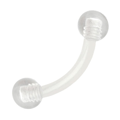 A clear curved barbell earring featuring an externally threaded curved bar with a ball on each end pictured against a white background.