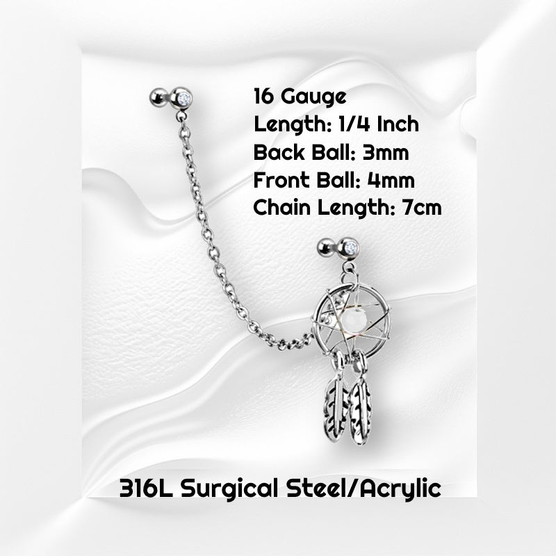 A clear gem dream catcher earring with clear gems, a bead, two cartilage barbells, a chain, and a dream catcher pictured against white wavy background with black text stating the size available of this cartilage earring.