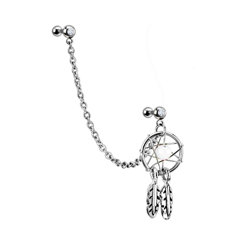 A clear gem dream catcher earring with clear gems, a bead, two cartilage barbells, a chain, and a dream catcher pictured against a white background.