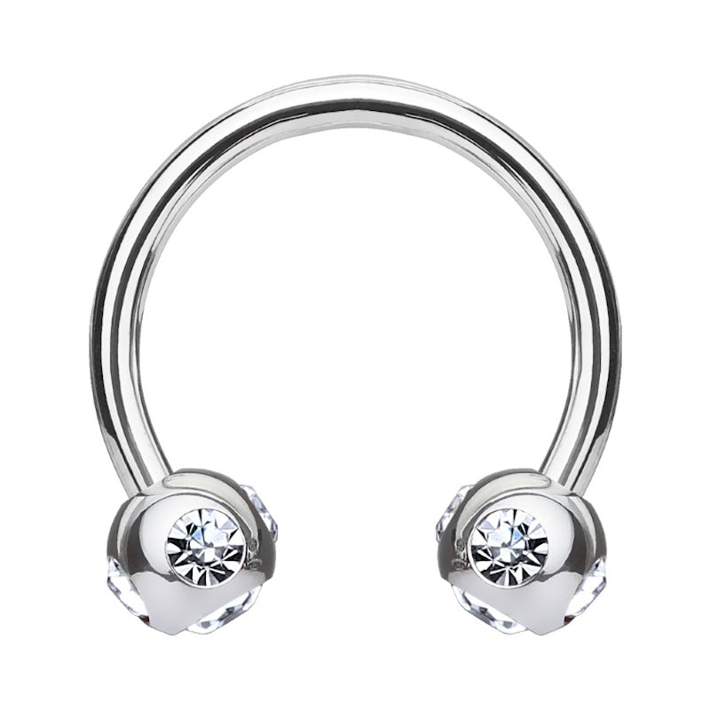 A clear gem horseshoe earring featuring 5 clear gems in each ball pictured against a white background.