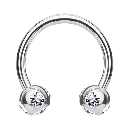 A clear gem horseshoe earring featuring 5 clear gems in each ball pictured against a white background.